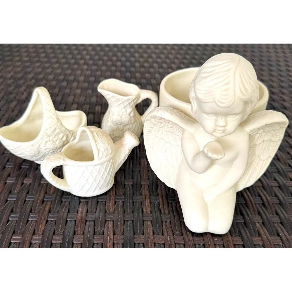 VTG Bloom-Rite Ceramic Cherub Planter +‎ 3 Piece Cottagecore Planter Shelf Decor